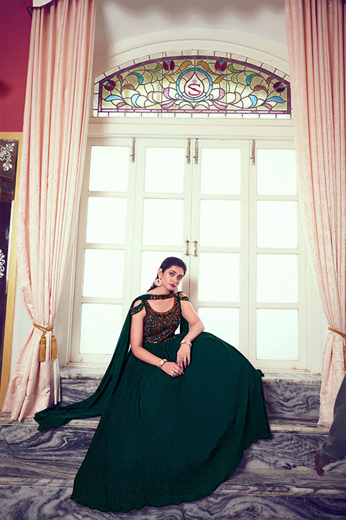 Green Georgette Embroidered Gown with Stylish Dupatta Collection ClothsVilla.com