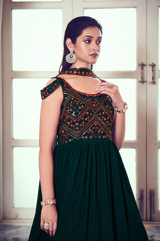 Green Georgette Embroidered Gown with Stylish Dupatta Collection ClothsVilla.com