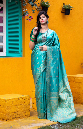 Green Golden Banarasi Silk Festival Wear Saree With Blouse ClothsVilla