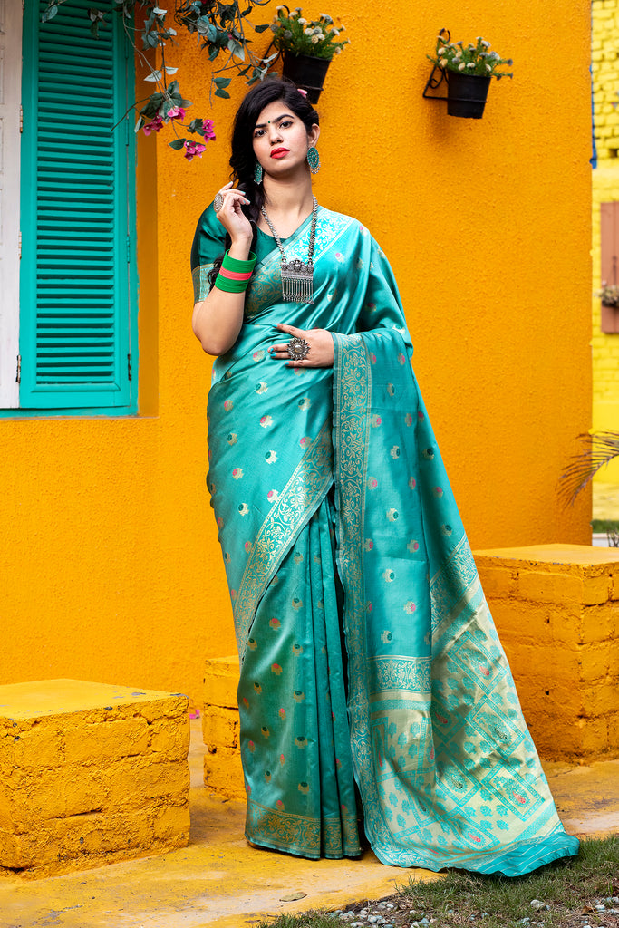 Green Golden Banarasi Silk Festival Wear Saree With Blouse ClothsVilla