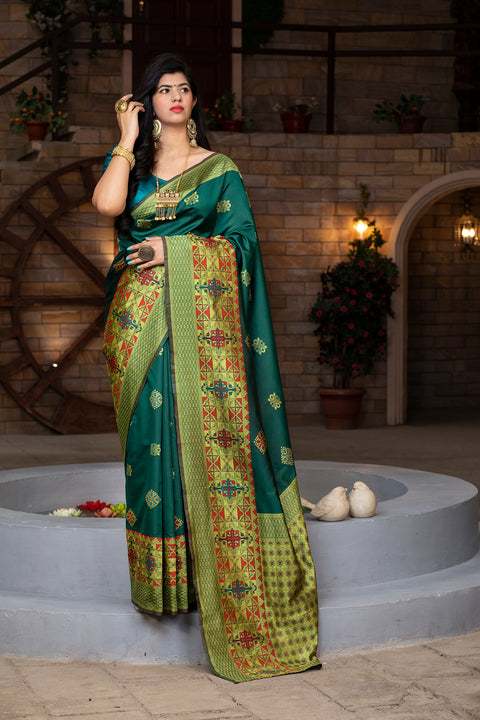 Green Heavy Bordered Banarasi Silk Wedding Wear Saree With Blouse ClothsVilla Main image