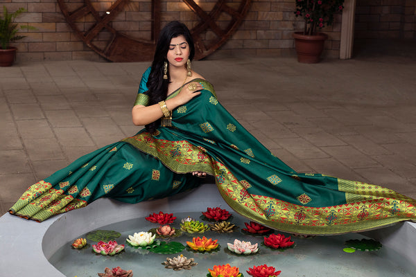 Green Heavy Bordered Banarasi Silk Wedding Wear Saree With Blouse ClothsVilla