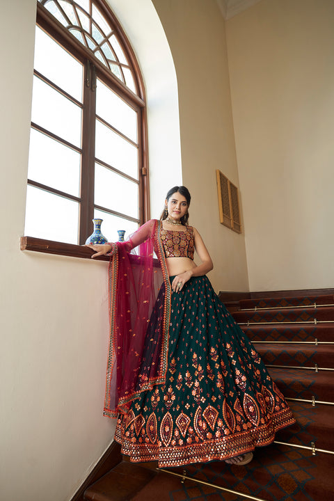 Green Lehenga Choli Indian Wedding Wear Lehnga Choli Stylish Foil Mirror Work Readymade Ghagra Choli Party Wear Bollywood Designer Lahangas ClothsVilla Main image