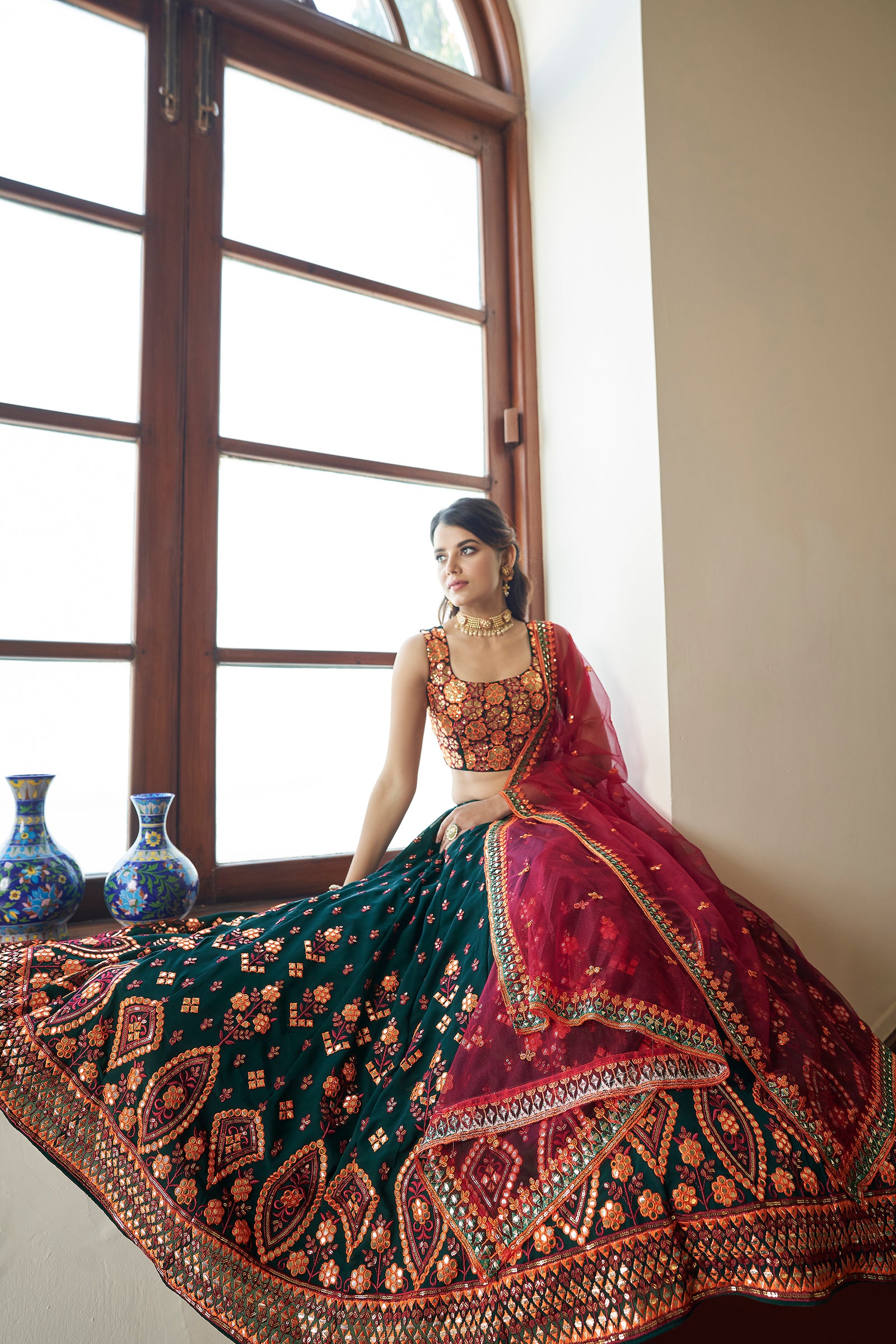 Green Lehenga Choli Indian Wedding Wear Lehnga Choli Stylish Foil Mirror Work Readymade Ghagra Choli Party Wear Bollywood Designer Lahangas ClothsVilla