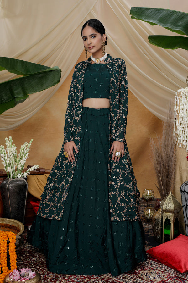 Green Lehenga Choli With Designer Koti And Thread With Sequence Embroidered Work Bridesmaid, Wedding, Party, Bollywood Designer Lehenga ClothsVilla