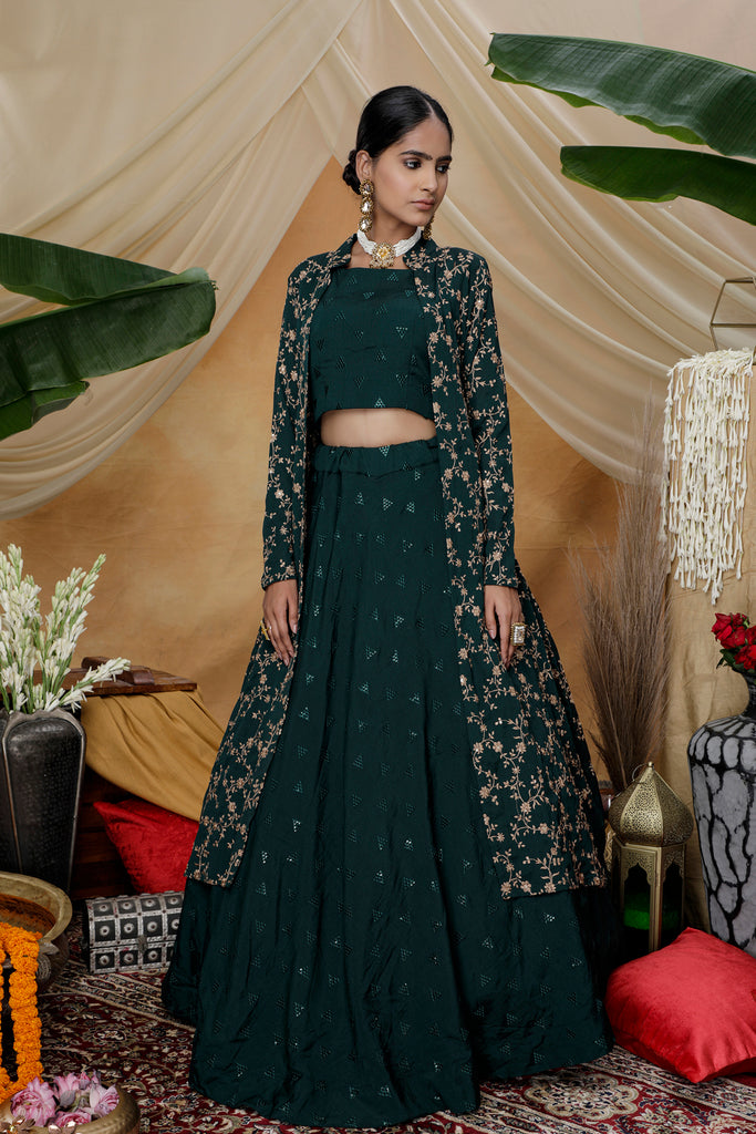 Green Lehenga Choli With Designer Koti And Thread With Sequence Embroidered Work Bridesmaid, Wedding, Party, Bollywood Designer Lehenga ClothsVilla