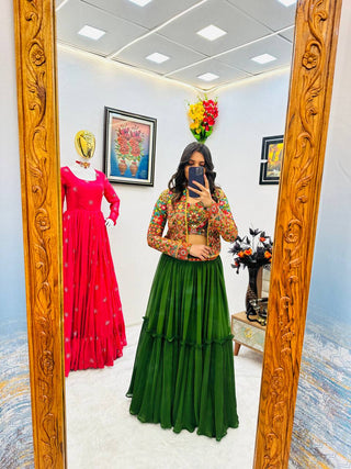 Green Lehenga Choli with Jacket in Faux Georgette With Embroidery Work ClothsVilla.com