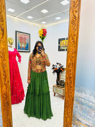 Green Lehenga Choli with Jacket in Faux Georgette With Embroidery Work ClothsVilla.com