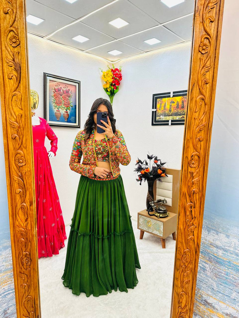 Green Lehenga Choli with Jacket in Faux Georgette With Embroidery Work ClothsVilla.com