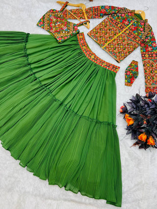 Green Lehenga Choli with Jacket in Faux Georgette With Embroidery Work ClothsVilla.com