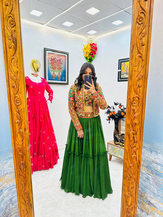 Green Lehenga Choli with Jacket in Faux Georgette With Embroidery Work ClothsVilla.com
