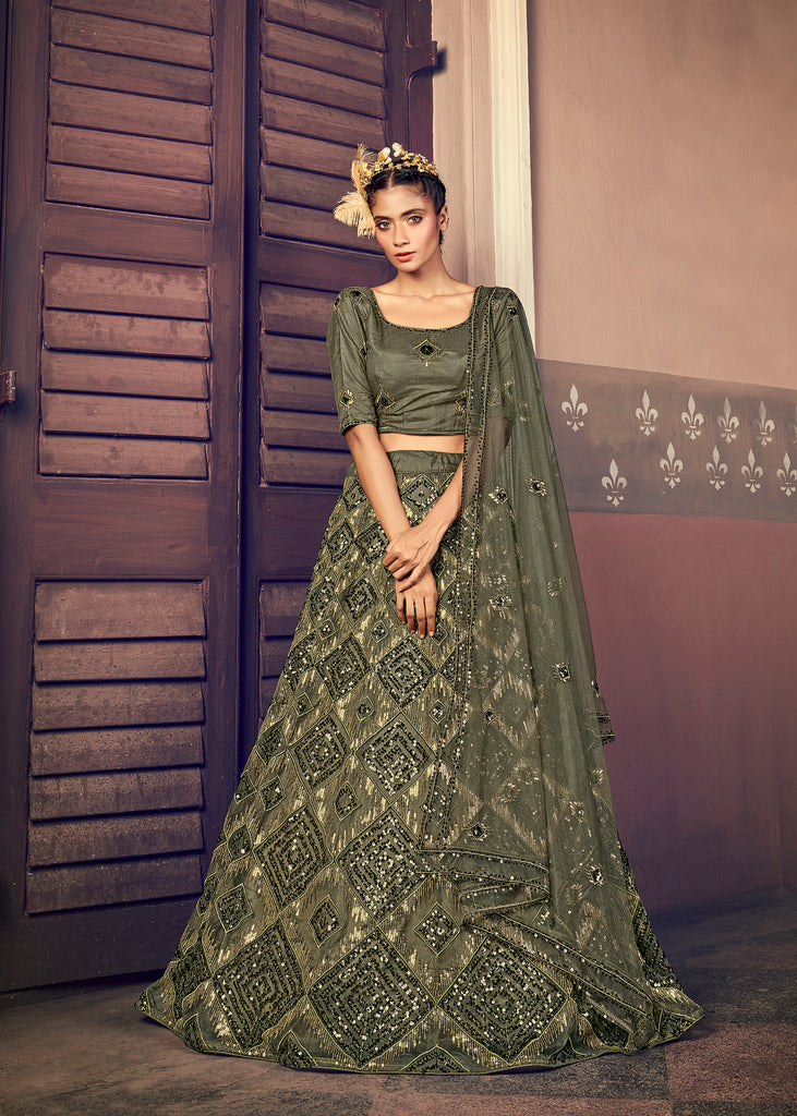 Green Lehenga With Heavy Soft Net And Thread Sequins Embroidery Work Designer Choli With Dupatta Wearing Wedding And Traditional Functions ClothsVilla