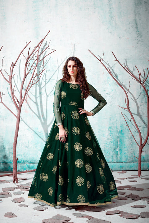 Green Metallic Foil Work Net Party Wear Long Gown ClothsVilla Main image