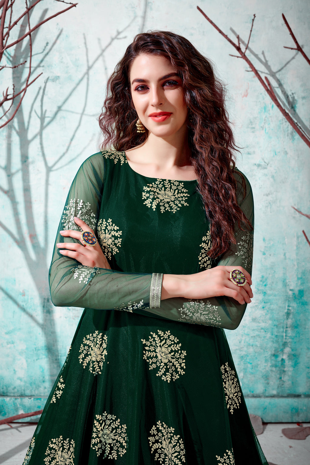 Green Metallic Foil Work Net Party Wear Long Gown ClothsVilla