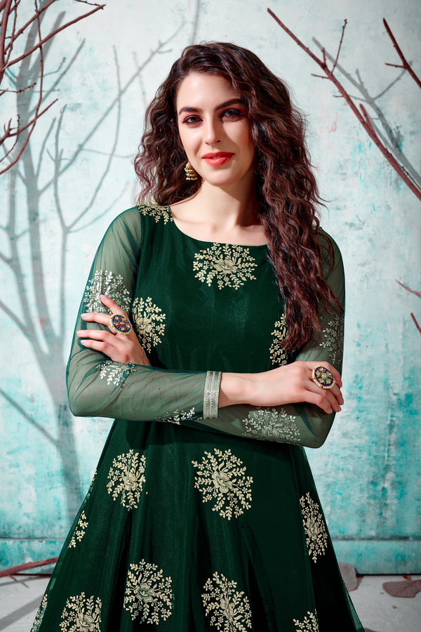 Green Metallic Foil Work Net Party Wear Long Gown ClothsVilla