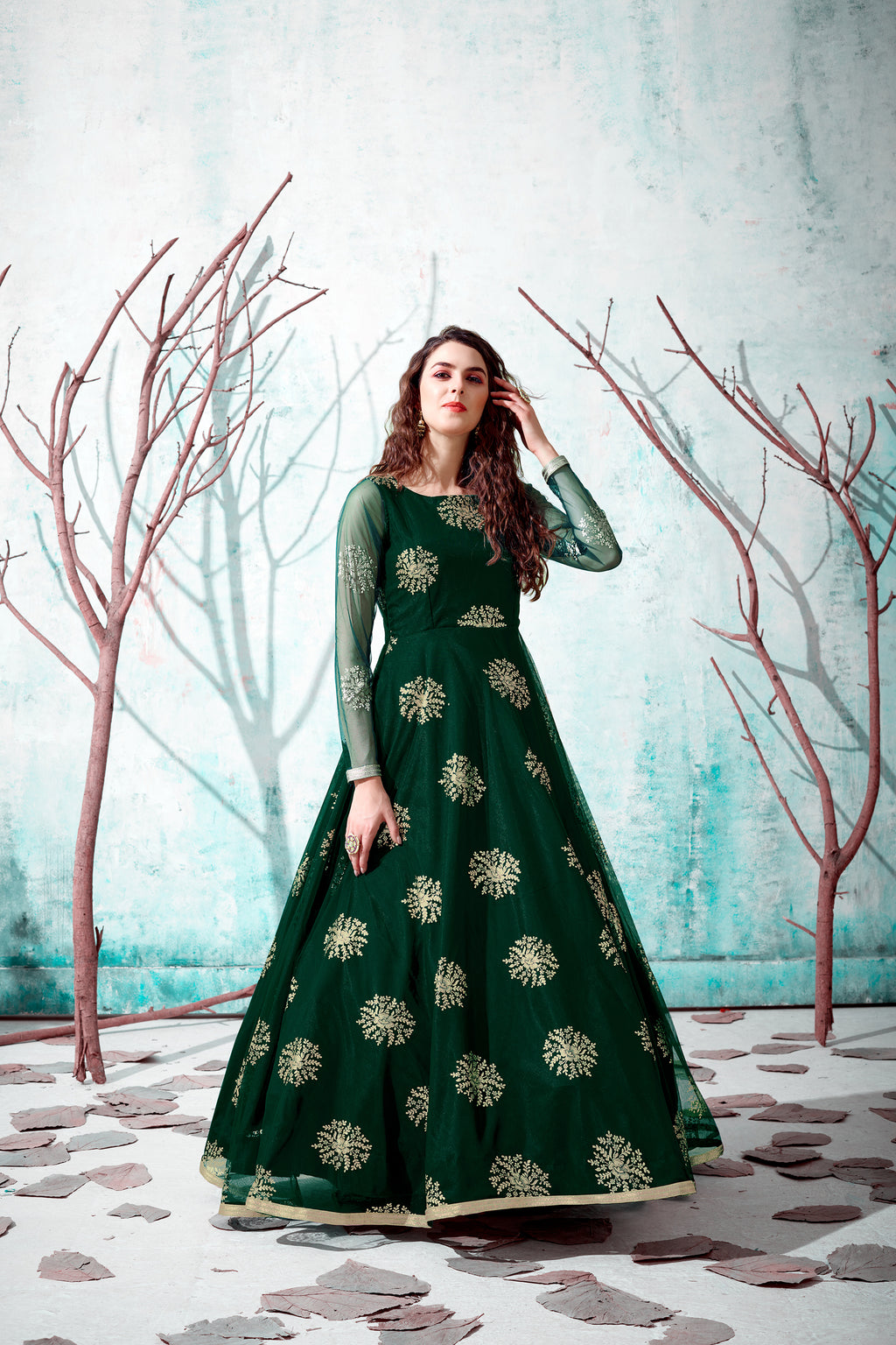 Green Metallic Foil Work Net Party Wear Long Gown ClothsVilla