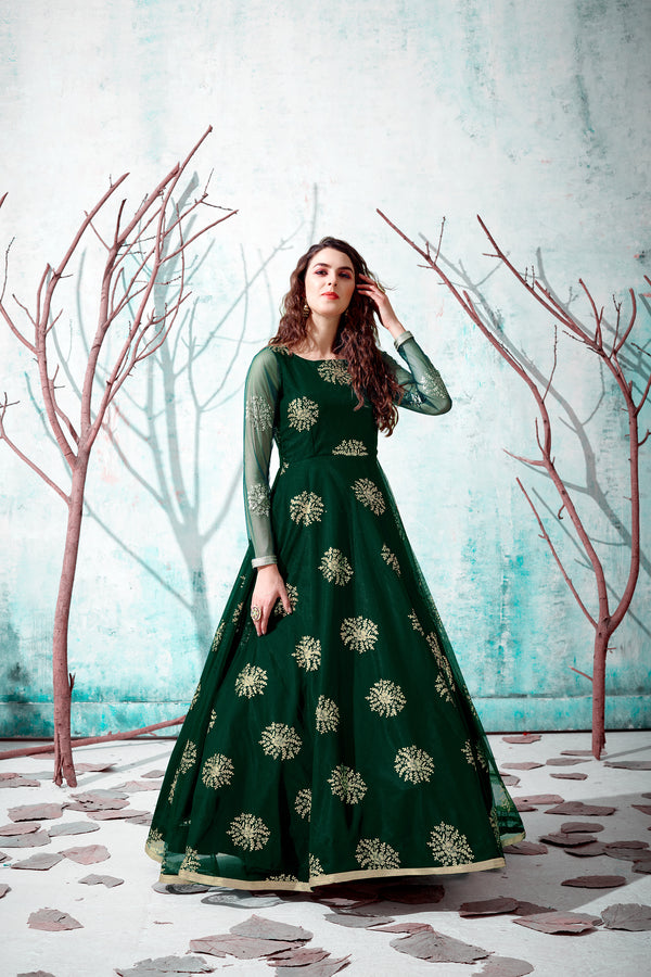 Green Metallic Foil Work Net Party Wear Long Gown ClothsVilla