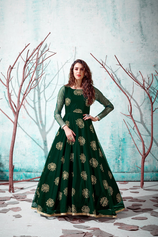 Green Metallic Foil Work Net Party Wear Long Gown ClothsVilla