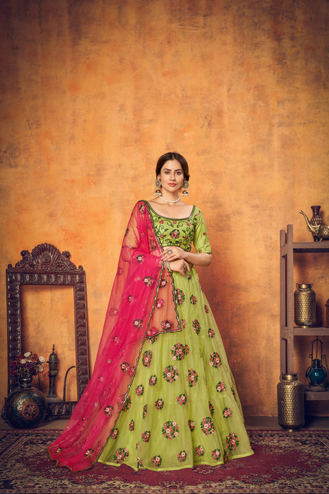 Green Multi Thread Floral Embroidered Net Festival Lehenga Choli ClothsVilla Main image