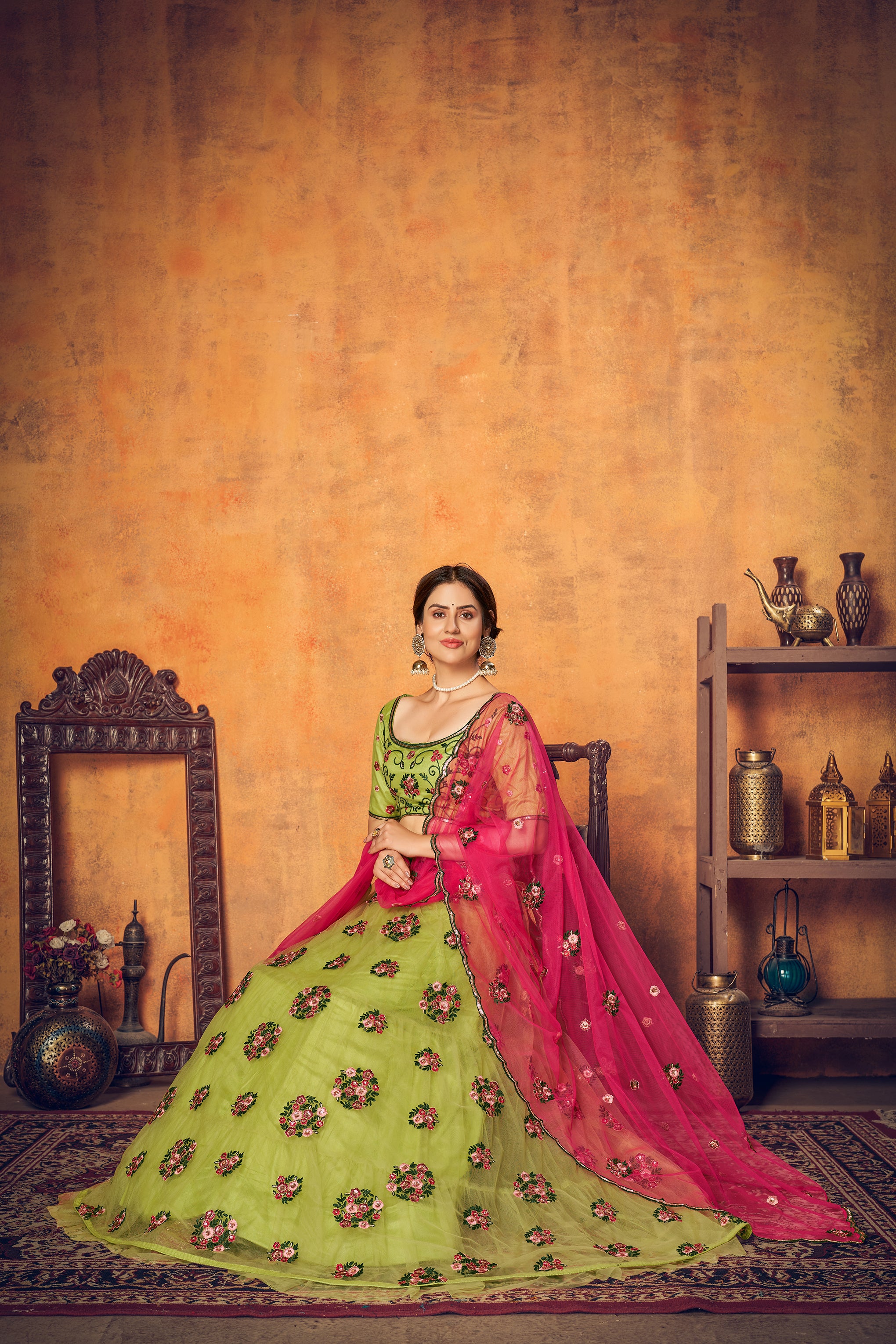 Green Multi Thread Floral Embroidered Net Festival Lehenga Choli ClothsVilla