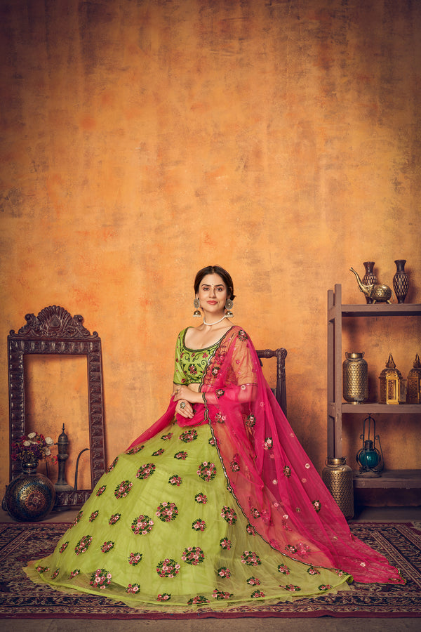 Green Multi Thread Floral Embroidered Net Festival Lehenga Choli ClothsVilla