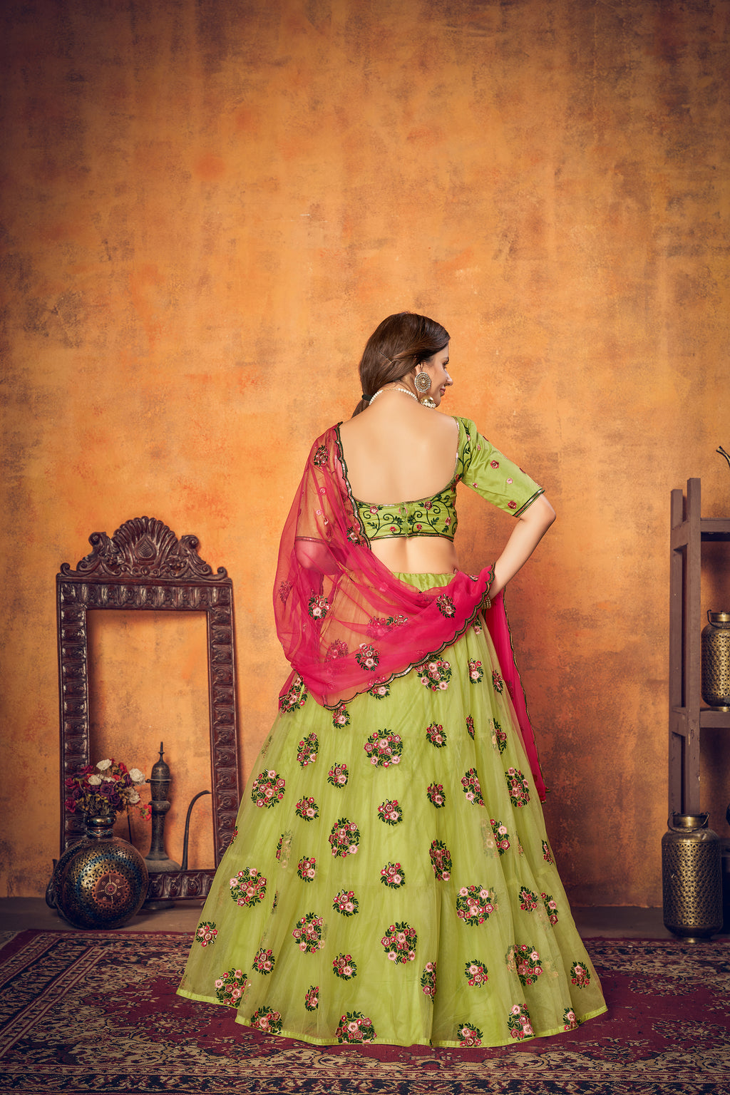 Green Multi Thread Floral Embroidered Net Festival Lehenga Choli ClothsVilla