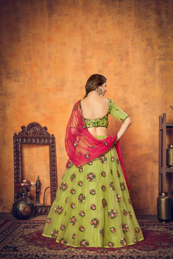 Green Multi Thread Floral Embroidered Net Festival Lehenga Choli ClothsVilla
