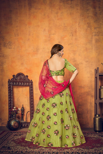 Green Multi Thread Floral Embroidered Net Festival Lehenga Choli ClothsVilla