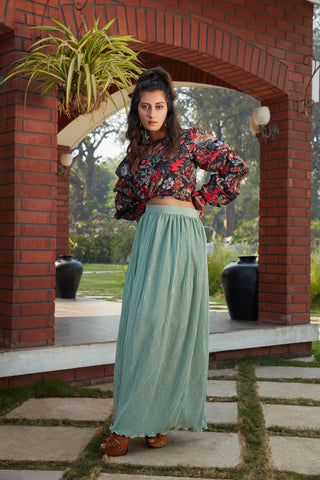 Green Printed Imported Indo Western Ready To Wear Skirt With Crop Top ClothsVilla