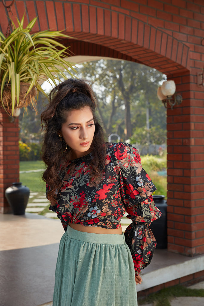Green Printed Imported Indo Western Ready To Wear Skirt With Crop Top ClothsVilla