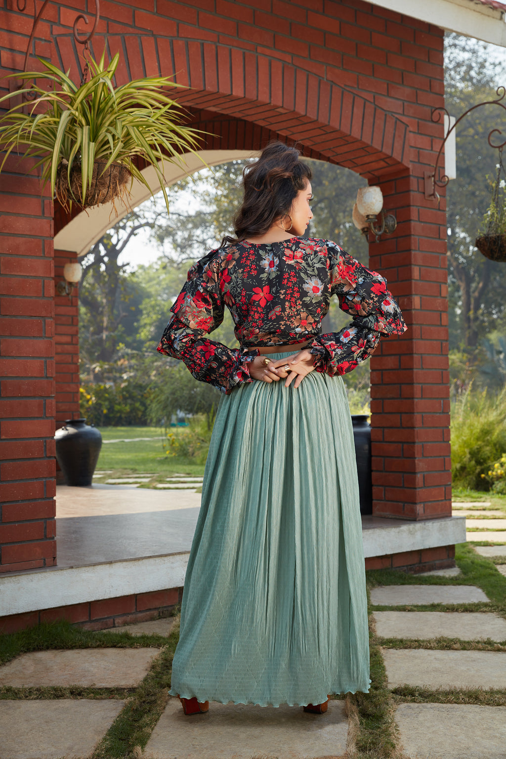 Green Printed Imported Indo Western Ready To Wear Skirt With Crop Top ClothsVilla
