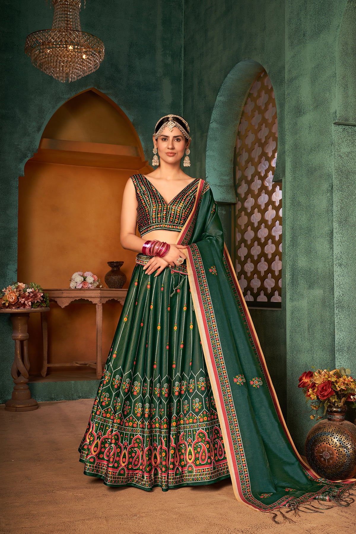 Green Printed Lehenga Choli Indian Traditional Wedding Wear Lahanga Choli Mahendi Lahanga Choli Party Wear Floral Ghagra Choli For Girls ClothsVilla