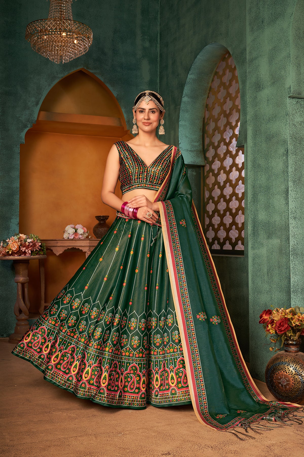 Green Printed Lehenga Choli Indian Traditional Wedding Wear Lahanga Choli Mahendi Lahanga Choli Party Wear Floral Ghagra Choli For Girls ClothsVilla