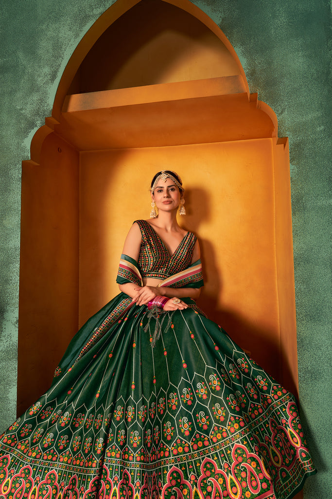 Green Printed Lehenga Choli Indian Traditional Wedding Wear Lahanga Choli Mahendi Lahanga Choli Party Wear Floral Ghagra Choli For Girls ClothsVilla