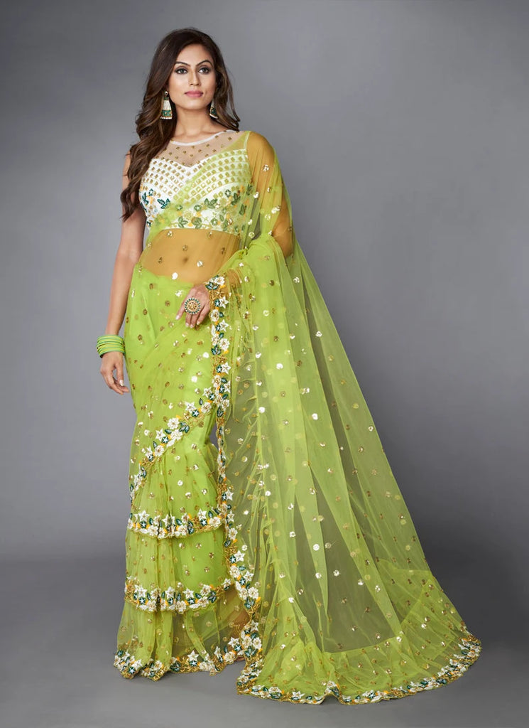 Green Ruffle Saree with Heavy Embroidery Work for Wedding ClothsVilla