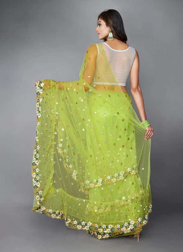 Green Ruffle Saree with Heavy Embroidery Work for Wedding ClothsVilla
