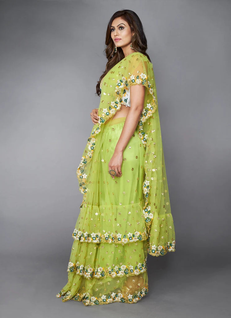Green Ruffle Saree with Heavy Embroidery Work for Wedding ClothsVilla