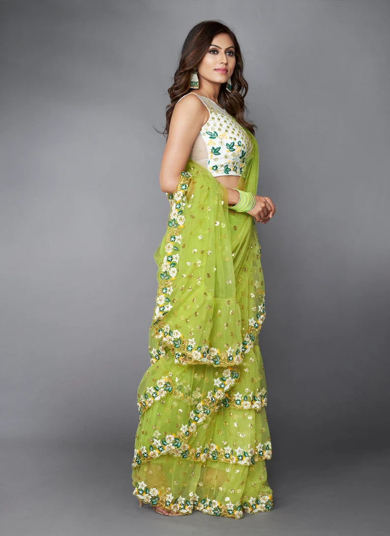 Green Ruffle Saree with Heavy Embroidery Work for Wedding ClothsVilla