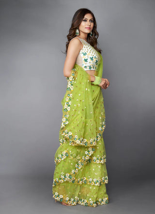 Green Ruffle Saree with Heavy Embroidery Work for Wedding ClothsVilla