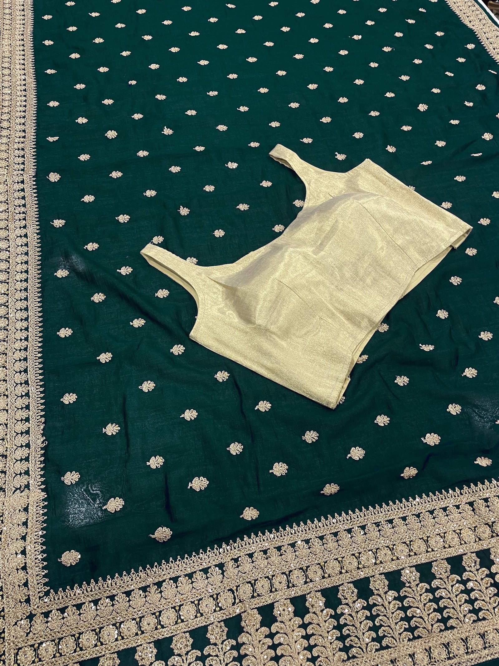 Green Saree in Vichitra Silk With Sequence and Stone Work Clothsvilla