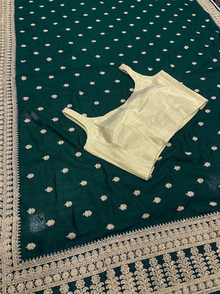 Green Saree in Vichitra Silk With Sequence and Stone Work Clothsvilla