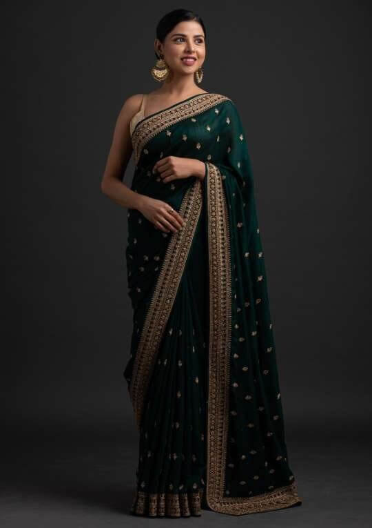 Green Saree in Vichitra Silk With Sequence and Stone Work Clothsvilla