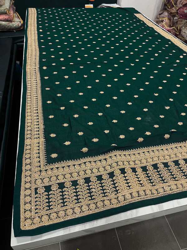 Green Saree in Vichitra Silk With Sequence and Stone Work Clothsvilla
