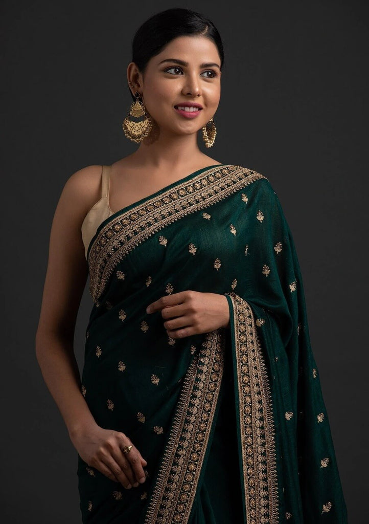 Green Saree in Vichitra Silk With Sequence and Stone Work Clothsvilla