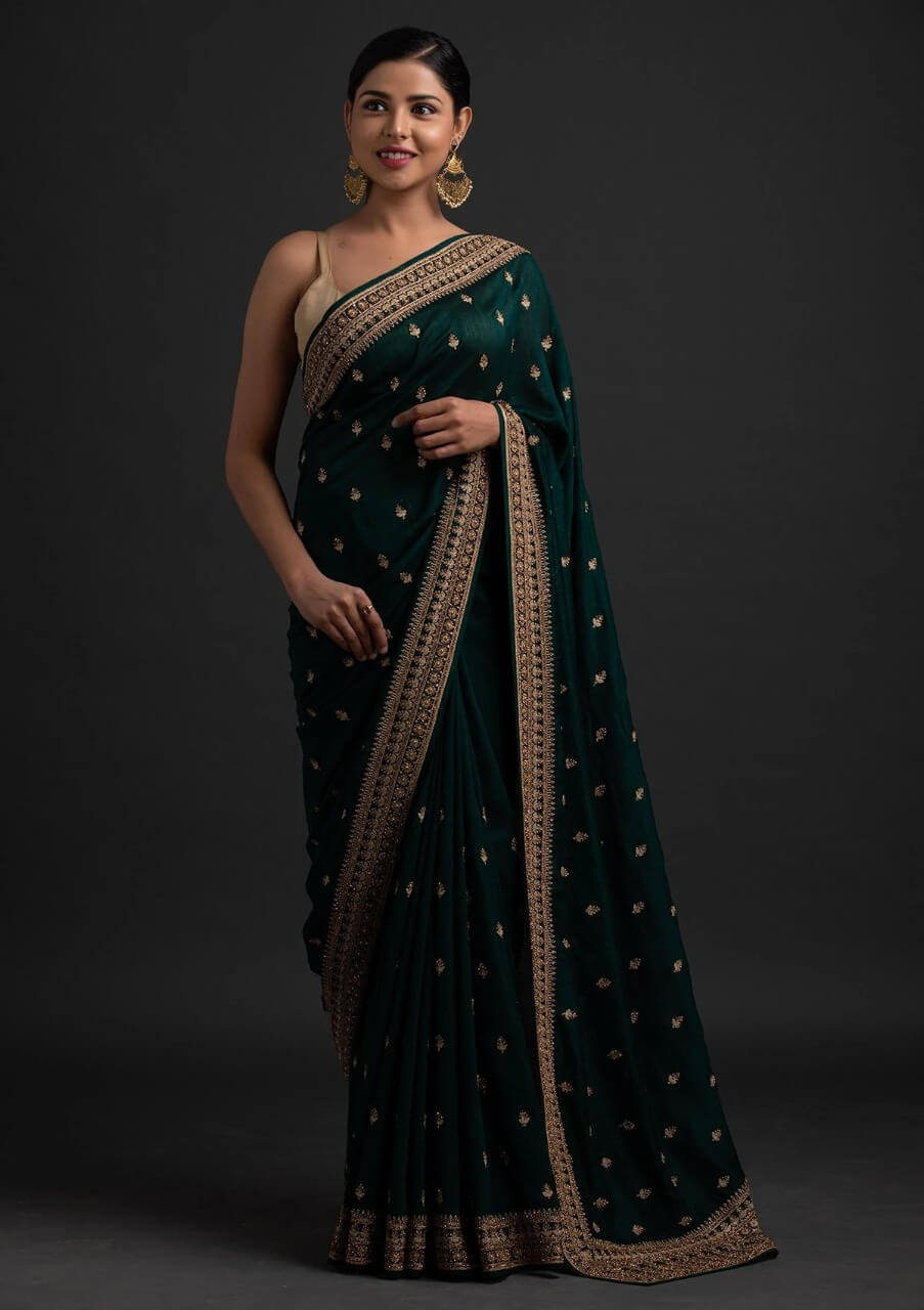 Green Saree in Vichitra Silk With Sequence and Stone Work Clothsvilla