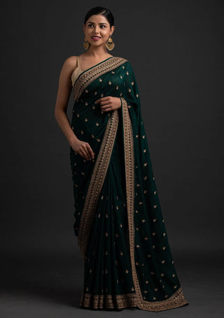 Green Saree in Vichitra Silk With Sequence and Stone Work Clothsvilla