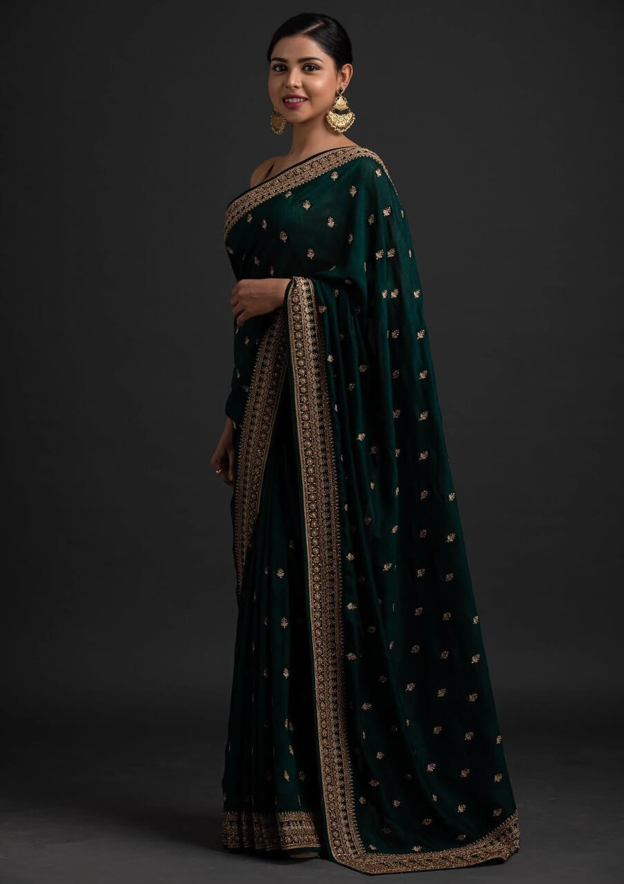 Green Saree in Vichitra Silk With Sequence and Stone Work Clothsvilla