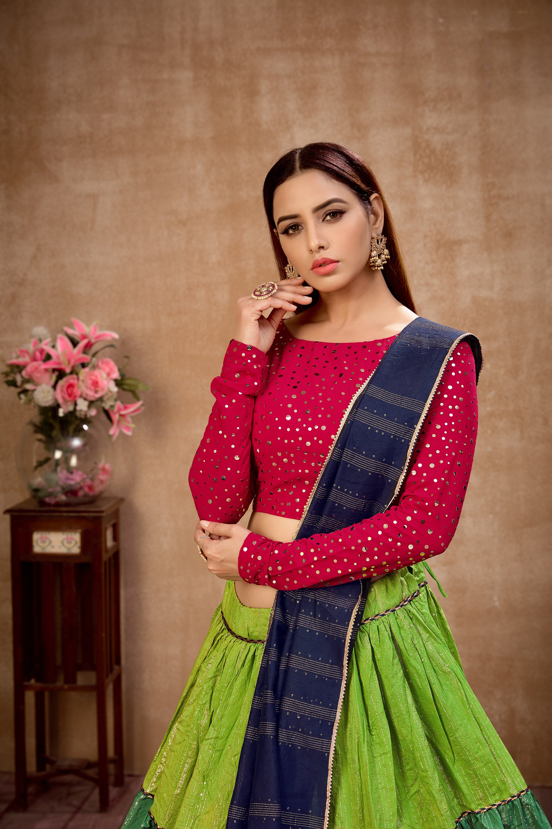 Green Sequins Cotton Wedding Wear Lehenga Choli ClothsVilla