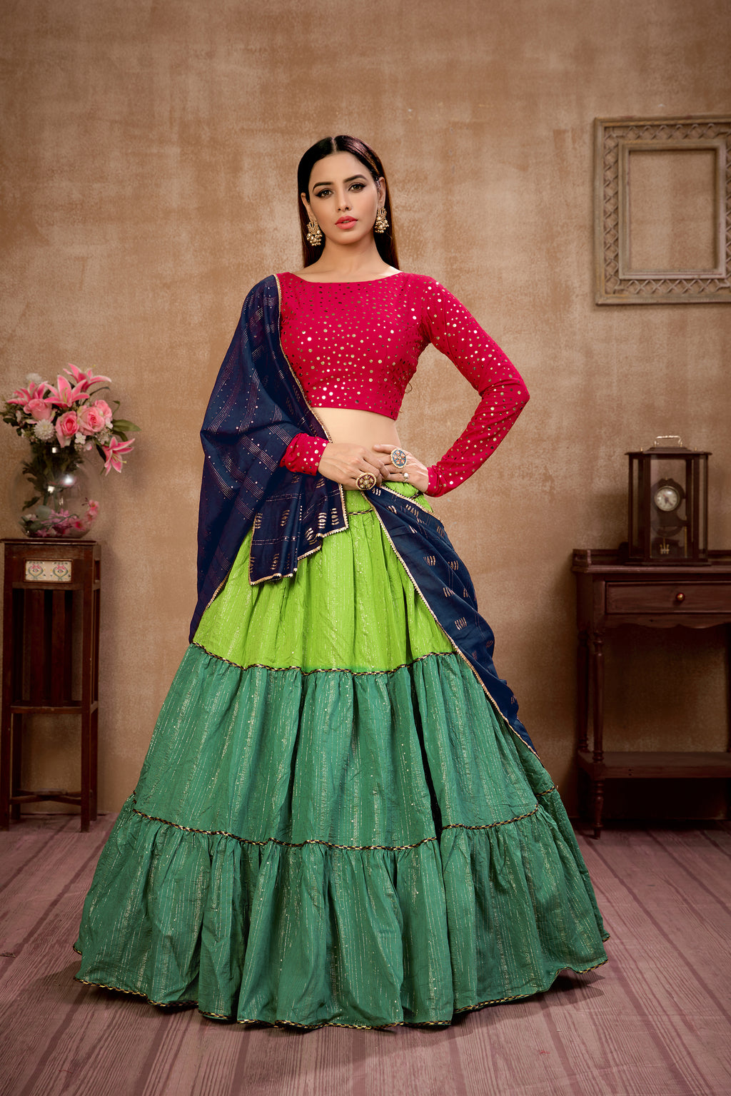 Green Sequins Cotton Wedding Wear Lehenga Choli ClothsVilla