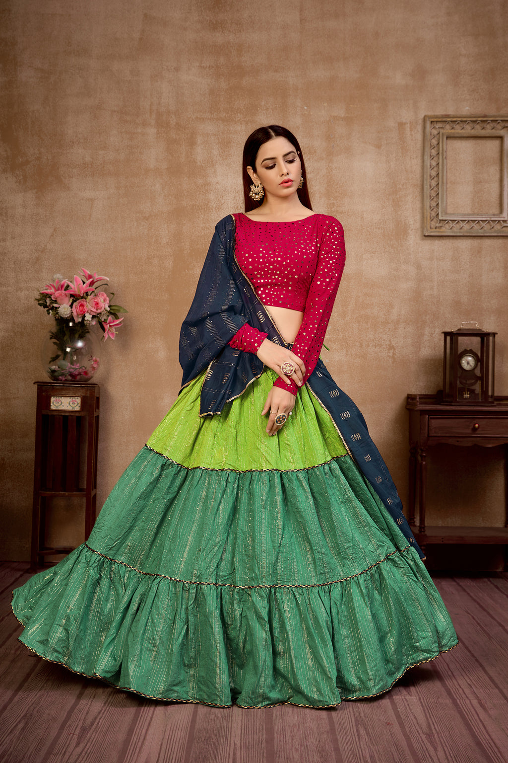 Green Sequins Cotton Wedding Wear Lehenga Choli ClothsVilla